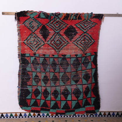 Vintage Azilal Rug – Bold Red & Green Moroccan Wool Rug - Handwoven Tribal Art Piece - Mid-Century Berber Carpet