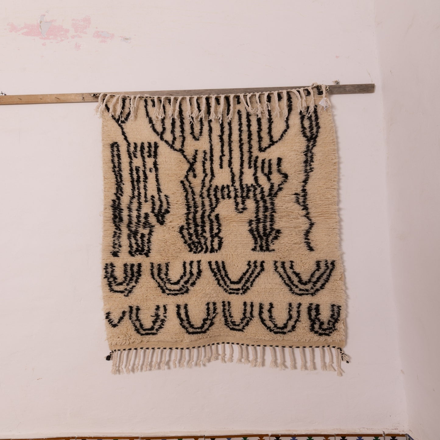 Minimalist Moroccan Azilal Rug - Handmade Wool Wall Hanging or Small Area Rug - Cream & Black Tribal Pattern