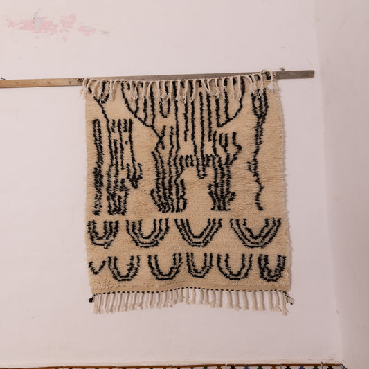 Minimalist Moroccan Azilal Rug - Handmade Wool Wall Hanging or Small Area Rug - Cream & Black Tribal Pattern