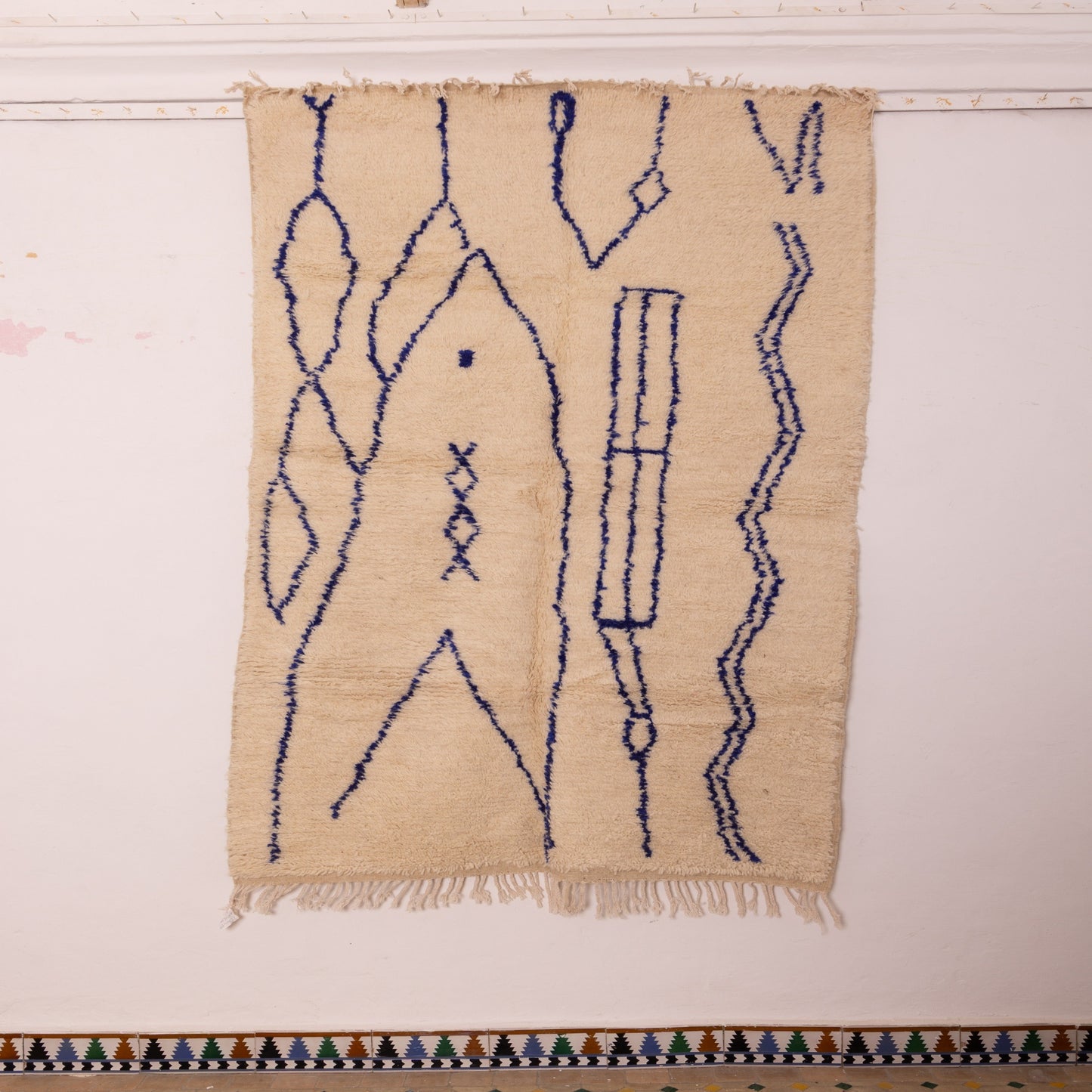 Minimalist Azilal Rug in Blue - Handwoven Moroccan Wool & Cotton Carpet - Boho Modern Tribal Wall Hanging or Mat