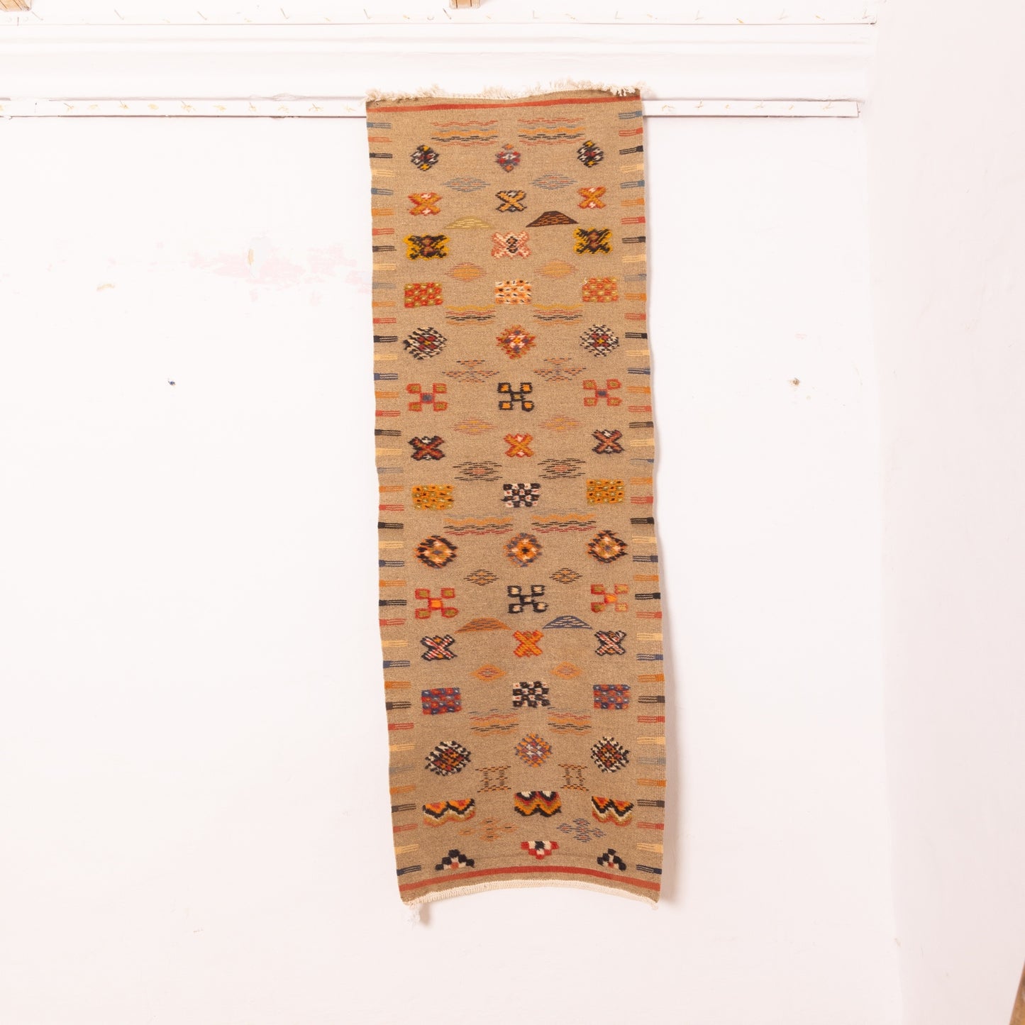 Moroccan Corridor Rug - Handwoven Runner - Tribal Motif Beige Base