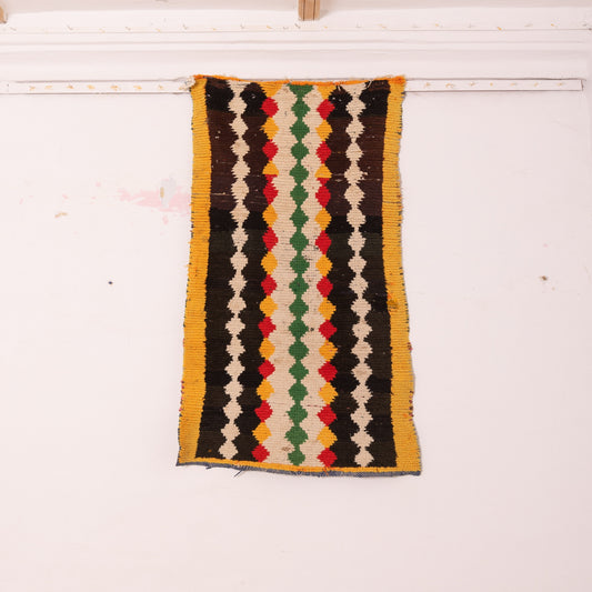 Vintage Moroccan Corridor Rug - Handwoven Runner with Multicolor Rhombus Pattern - Narrow Wool Tribal Hallway Carpet