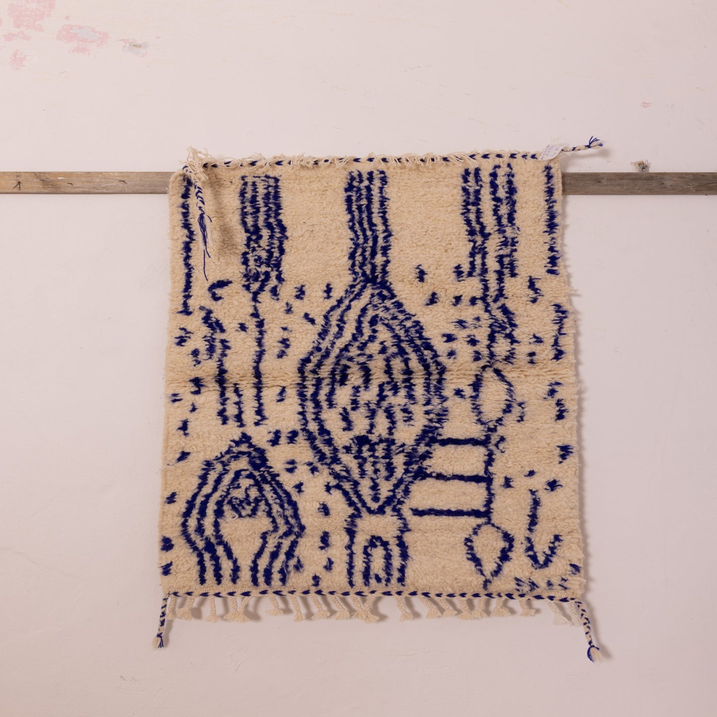 New Handmade Azilal Wool Rug - Abstract Blue Design on Cream - Contemporary Tribal Art for Floor or Wall