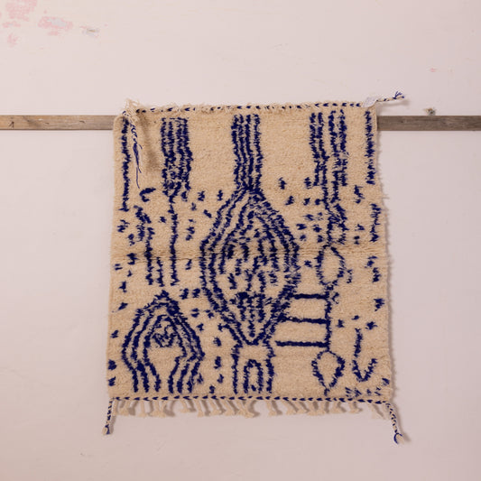 New Handmade Azilal Wool Rug - Abstract Blue Design on Cream - Contemporary Tribal Art for Floor or Wall