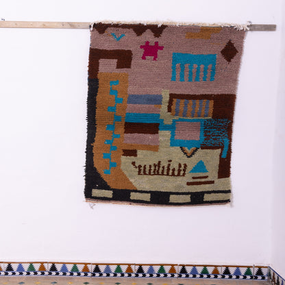 Geometric Village Boujad Rug – New Moroccan Wool Rug – Earth Tones & Sky Blue Abstract Design – Berber Handwoven Wall Hanging