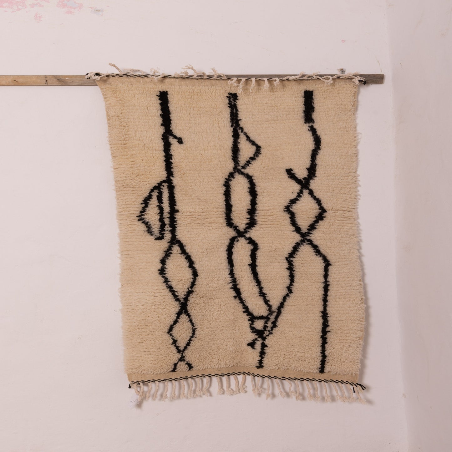 Abstract Line Art Moroccan Rug - Minimalist Black & Cream Wool Berber Runner - Handmade Azilal Wall Hanging