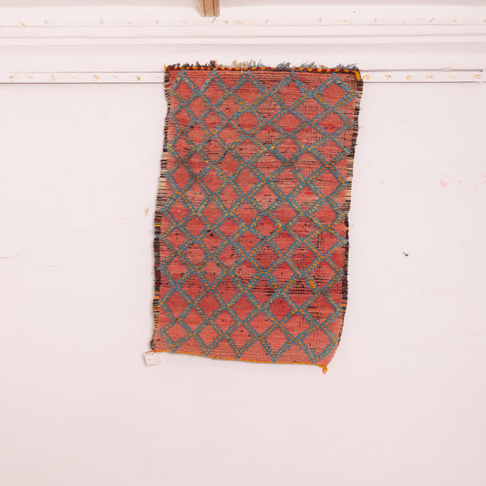 Vintage Moroccan Corridor Rug - Handwoven Wool Runner with Diamond Trellis Pattern - Red and Teal Berber Hallway Rug