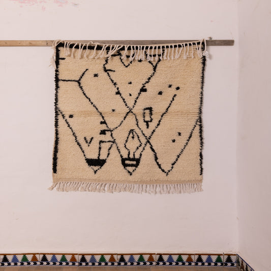 Modern Azilal Wool Rug - Black Geometric Tribal Symbols - Handwoven Moroccan Accent or Wall Hanging