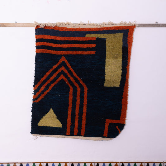 Modern Geometric Boujad Rug – New Moroccan Wool Rug – Indigo, Orange & Olive Wall Art – Minimalist Tribal Handwoven Decor