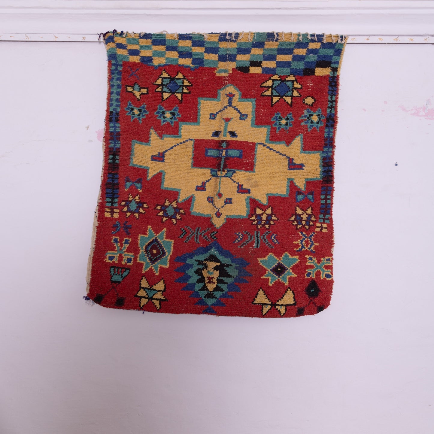 Bold Vintage Moroccan Taznakht Rug - Red Field with Tribal Medallions & Geometric Symbols