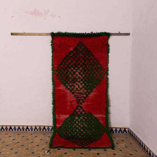 Vintage Moroccan Corridor Runner Rug - Red & Green Berber Wool Carpet - Handwoven Tribal Hallway Rug - Bold Diamond Pattern - 80% Wool 20% Cotton