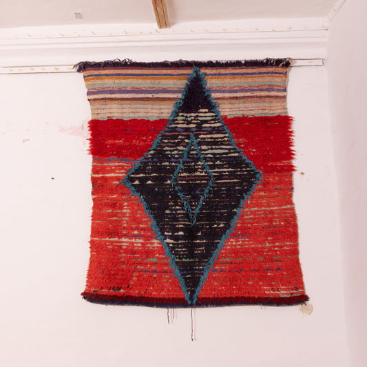Vintage Moroccan Corridor Rug - Tribal Hallway Runner with Bold Central Diamond - Red & Indigo Handwoven Berber Rug