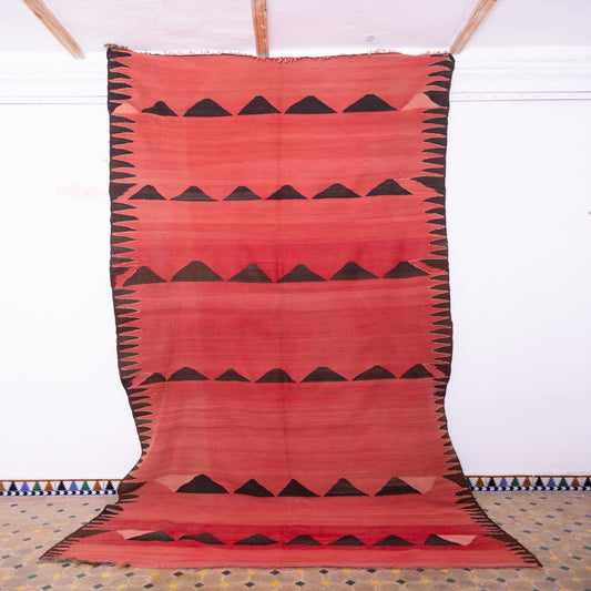 Vintage Moroccan Bjaad Rug – Handwoven Flatweave Kilim in Red & Black Tribal Design – Authentic Berber Wool Carpet