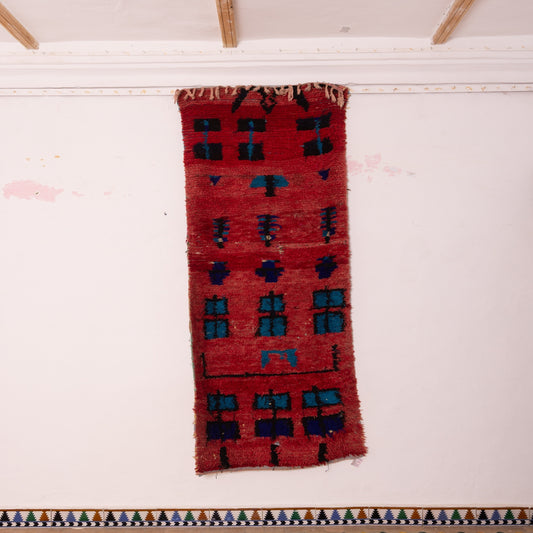Handwoven Moroccan Wool Runner Rug - Abstract Geometric Design - Red, Blue & Black - 80% Wool 20% Cotton - Vintage