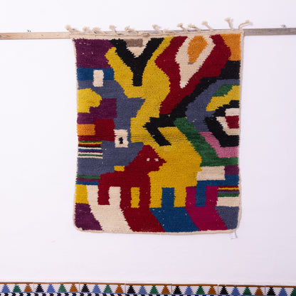Animal Motif Boujad Rug – New Moroccan Wool Rug – Bold Berber Abstract with Yellow, Red & Navy – Handmade Wall Hanging or Accent Rug