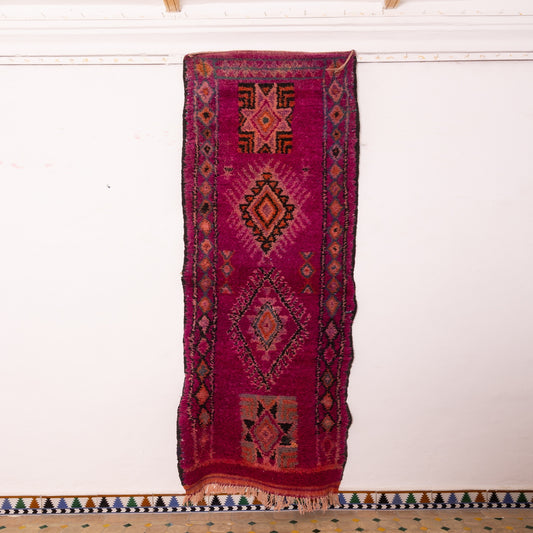 Vintage Moroccan Corridor Rug - Boujad-Style Runner in Magenta & Orange - Handwoven Wool Berber Hallway Carpet - Tribal Diamond Design