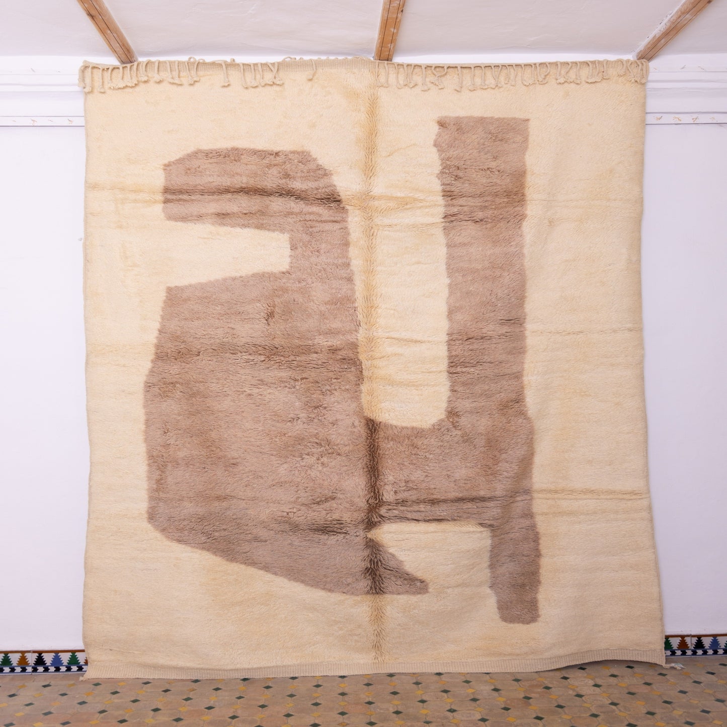 Handmade Mrirt Rug – 100% Wool Moroccan Berber Carpet – Abstract Beige & Brown Art Wool Rug – Luxury Modern & Boho Home Decor