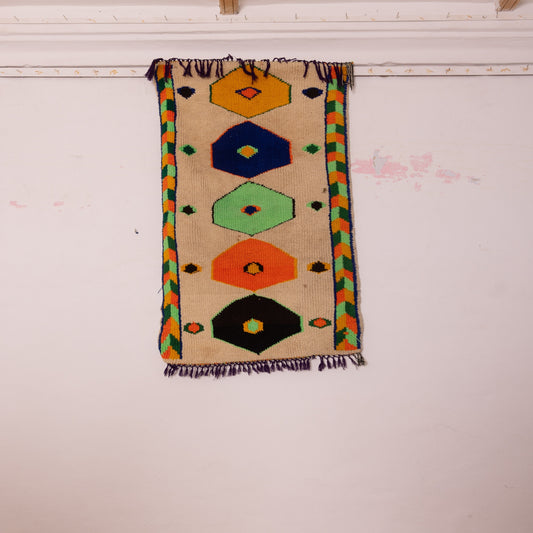Vintage Moroccan Corridor Runner Rug - Handwoven Wool Carpet - Colorful Geometric Hexagon Design - Yellow, Green, Orange & Blue