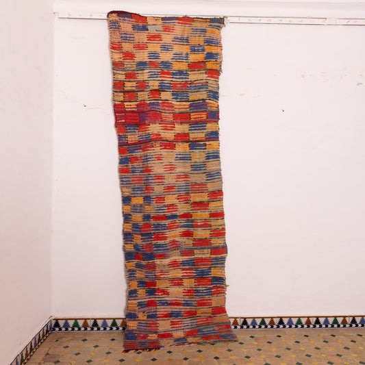 Vintage Moroccan Corridor Runner Rug - Handwoven Flat-Weave Wool Hallway Carpet - Tribal Stripe Pattern in Red, Blue & Yellow