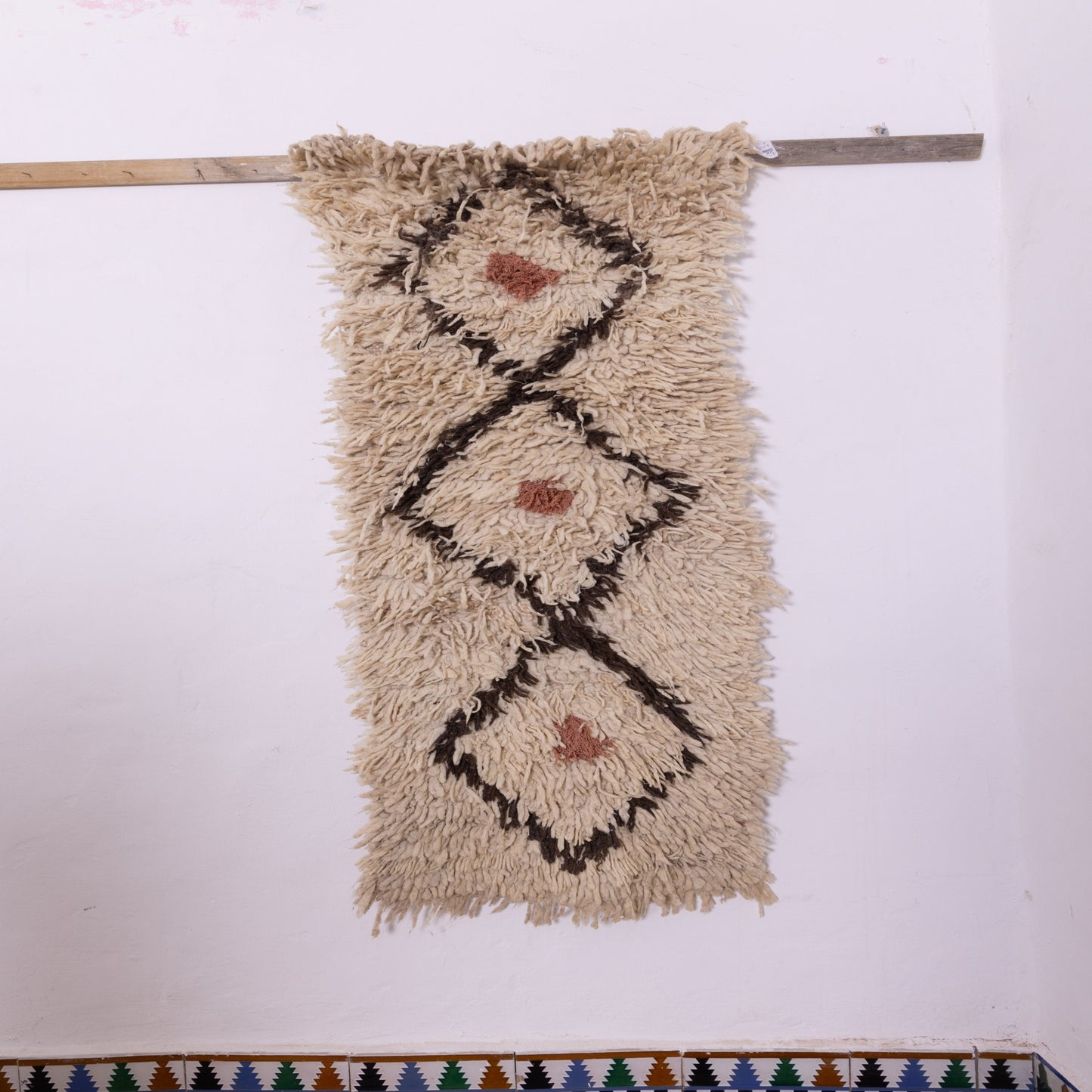 Mini Azilal Wool Rug - Cream Moroccan Berber Shag with Diamond Motif - Small Handmade Vintage Rug