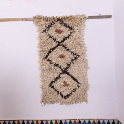 Mini Azilal Wool Rug - Cream Moroccan Berber Shag with Diamond Motif - Small Handmade Vintage Rug