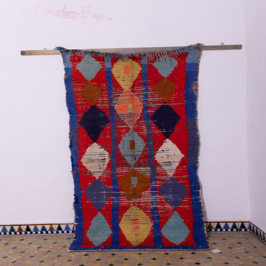 Vintage Boujad Rug – Moroccan Handmade Wool Carpet, Red & Blue Diamond Tribal Pattern, Boho & Eclectic Home Decor