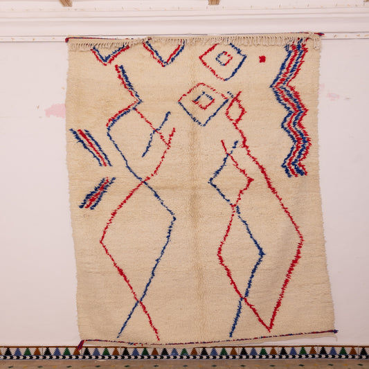 Modern Azilal Rug - Handmade Moroccan Berber Carpet - 80% Wool 20% Cotton - Red & Blue Diamond Boho Decor