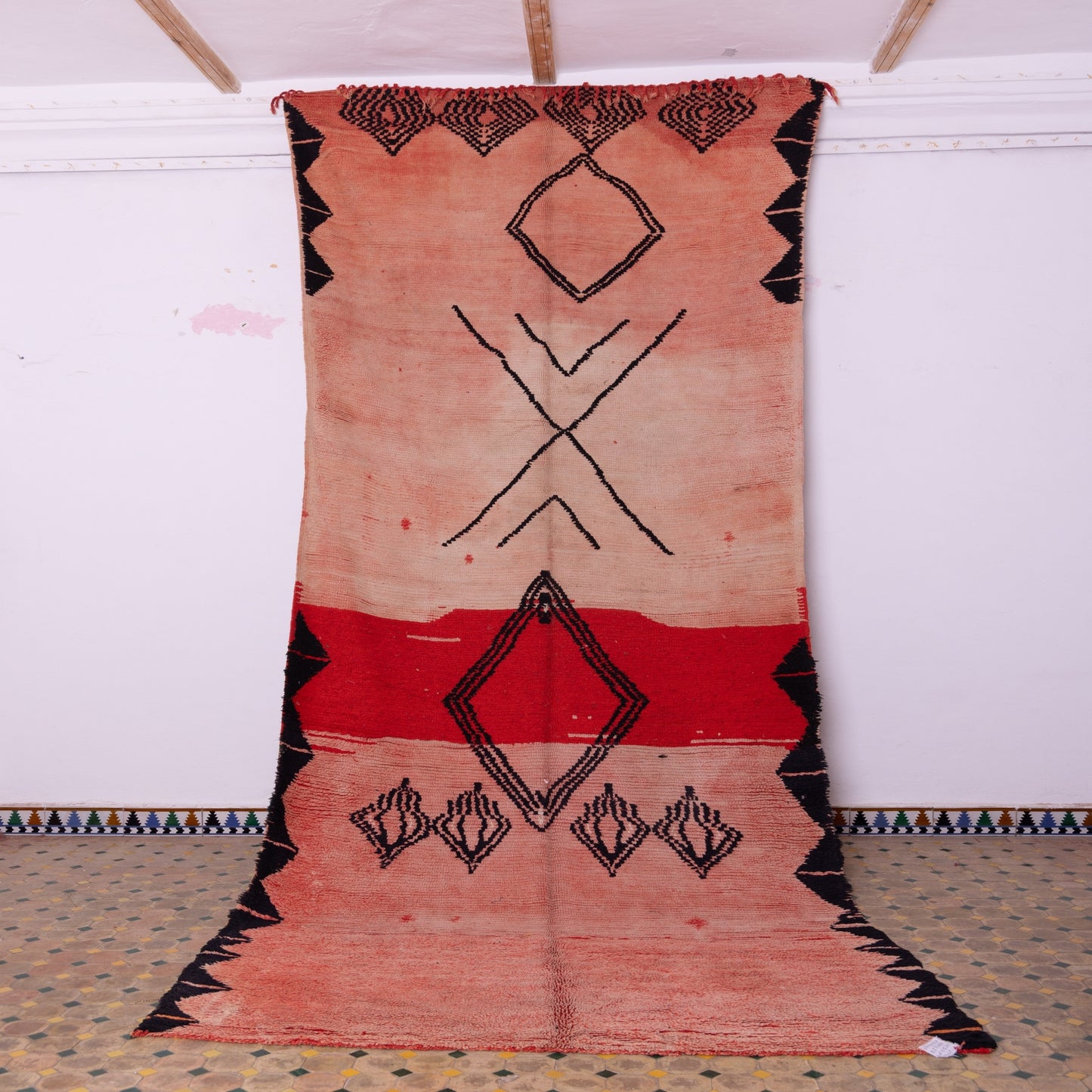 Vintage Moroccan Berber Rug – Handwoven Wool Rug with Bold Tribal Diamond Motifs & Red Accents – Boho Statement Piece
