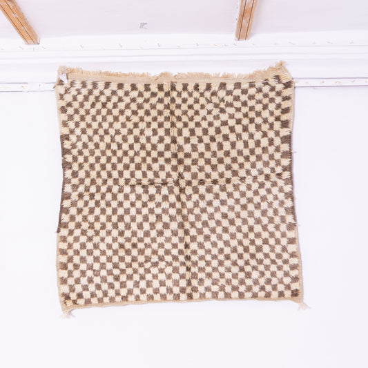 Handwoven Taznakht Moroccan Rug – 100% Wool Brown & Beige Checkerboard Carpet – Authentic Berber Craftsmanship – Geometric Minimalist Design
