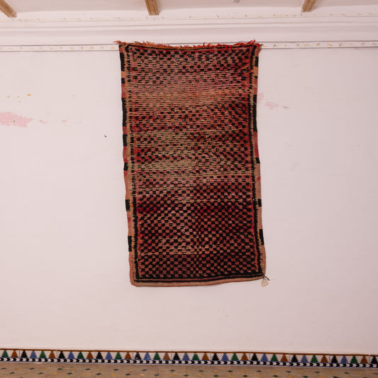 Vintage Moroccan Corridor Runner Rug - Handwoven Wool Carpet - Checkered Geometric Design - Red, Black & Earthy Tones