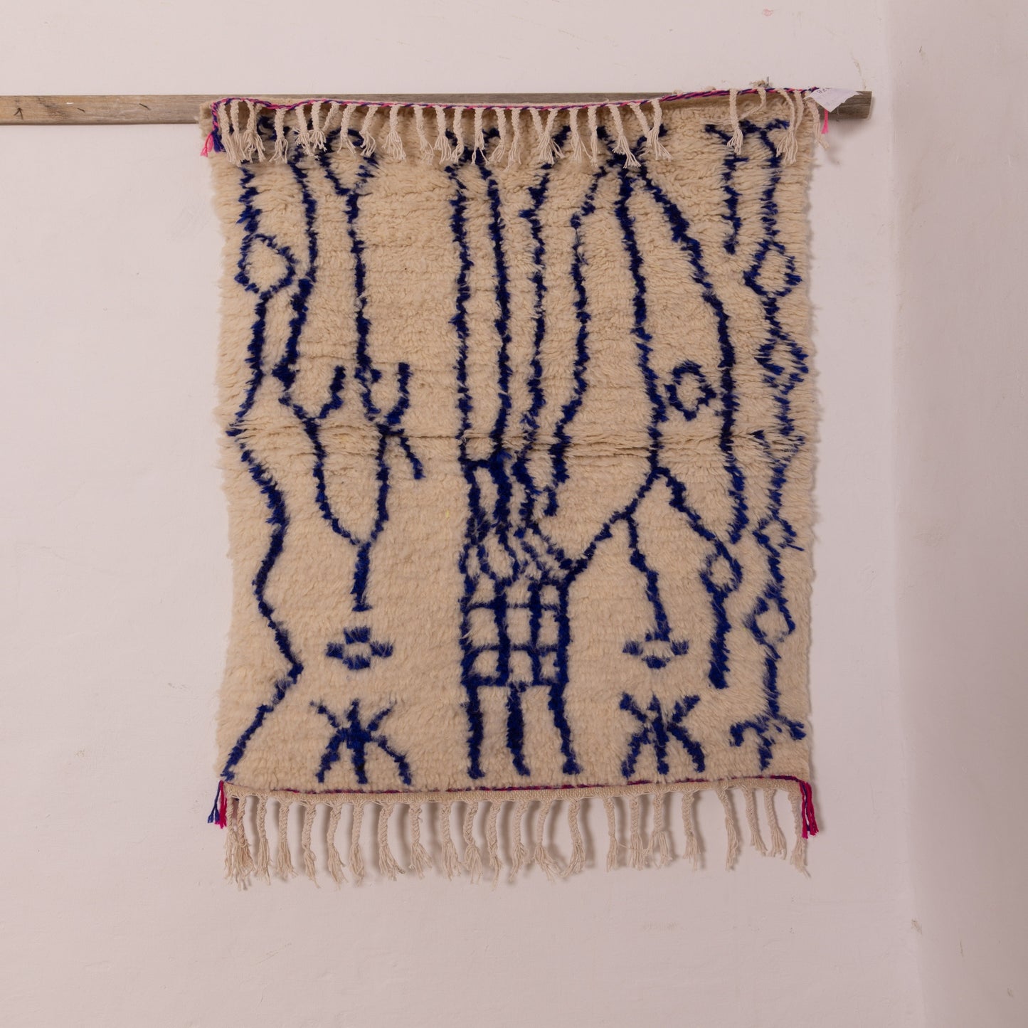 Abstract Blue Tribal Azilal Rug - Moroccan Handmade Wall Hanging - Wool & Cotton Berber Tapestry