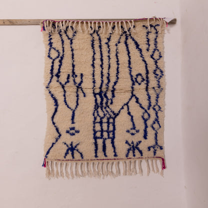 Abstract Blue Tribal Azilal Rug - Moroccan Handmade Wall Hanging - Wool & Cotton Berber Tapestry