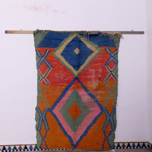 Vintage Bjaad Moroccan Rug – Handwoven Berber Wool Carpet with Bold Tribal Diamond Patterns – Authentic Boho Home Decor
