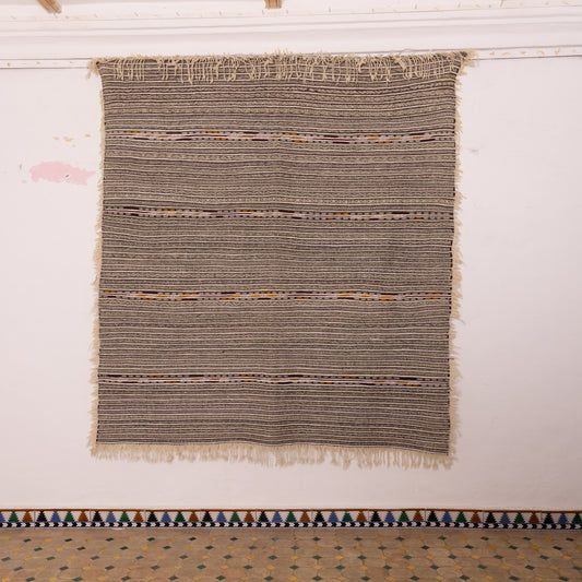 Vintage Moroccan Handira Wool Rug - Striped Berber Blanket - Handmade Boho Textile - Traditional Moroccan Décor