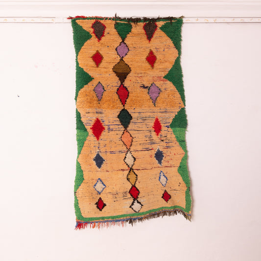 Vintage Moroccan Handwoven Runner Rug - Orange Base with Colorful Diamond & Geometric Accents - Wool & Cotton - 80% Wool 20% Cotton