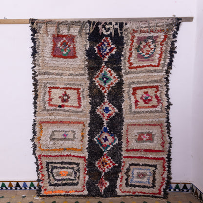 Vintage Moroccan Boucherouite Rug – Geometric Tribal Berber Carpet – Handwoven Shaggy Boho Rug