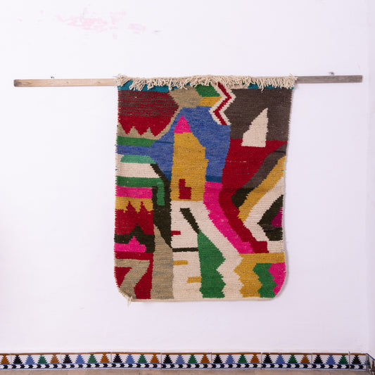 Abstract Boujad Rug – New Moroccan Wool Rug – Modern Berber Wall Art – Fuchsia, Green, Blue & Mustard – Handwoven Boho Accent Decor
