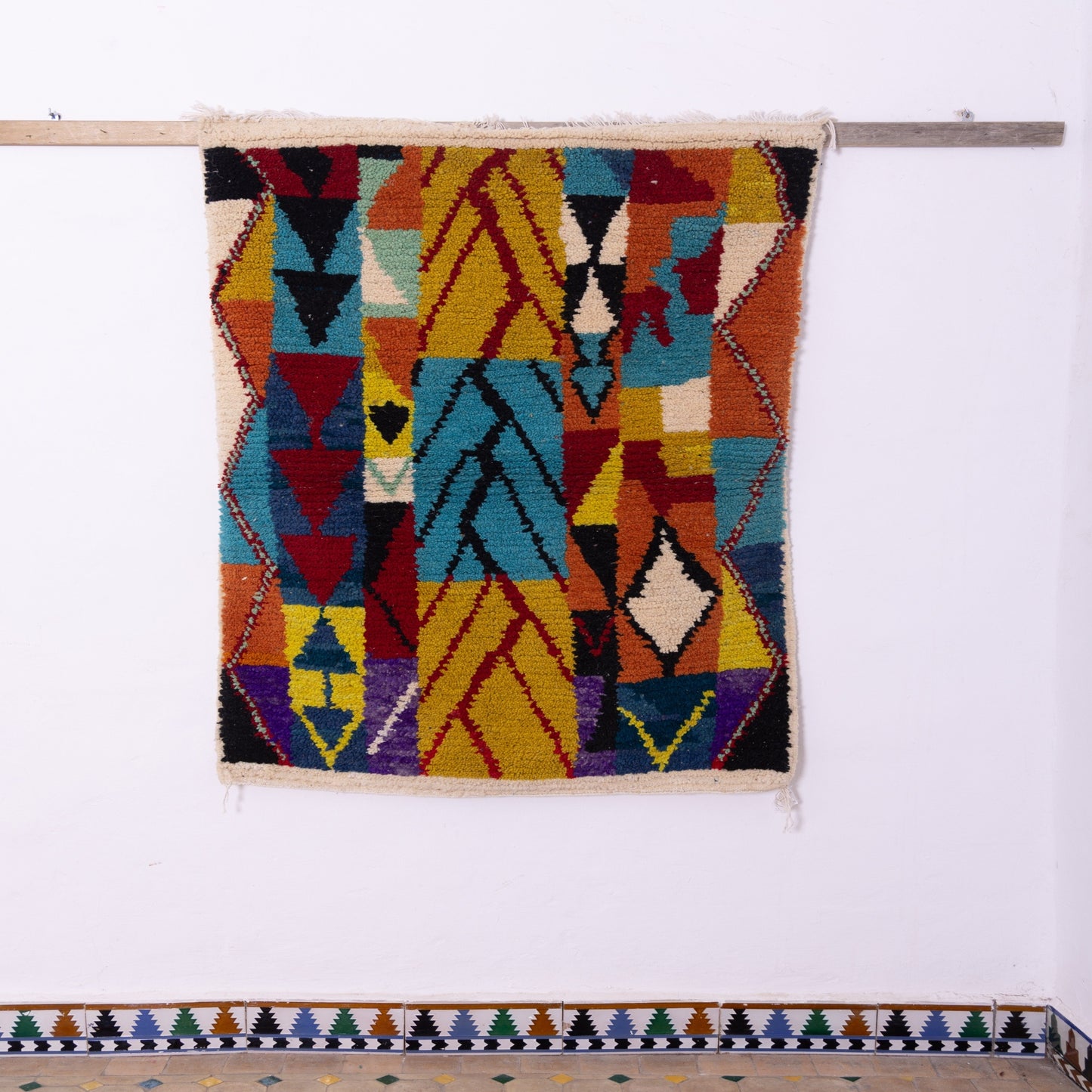 Vibrant Geometric Boujad Rug – New Moroccan Wool Rug – Tribal Patchwork in Yellow, Blue, Red & Black – Bold Boho Wall Tapestry or Accent