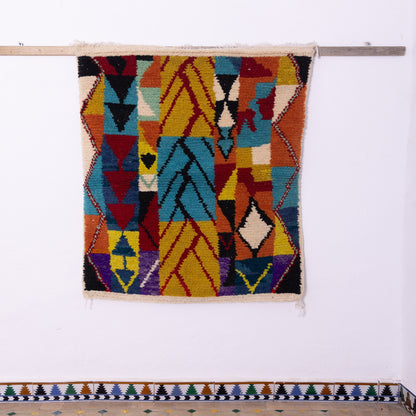 Vibrant Geometric Boujad Rug – New Moroccan Wool Rug – Tribal Patchwork in Yellow, Blue, Red & Black – Bold Boho Wall Tapestry or Accent