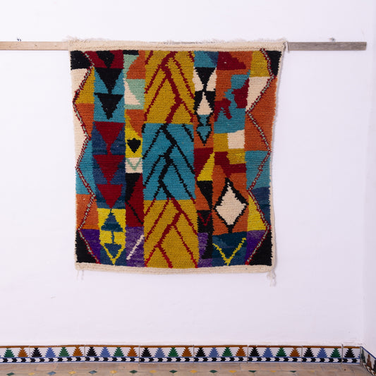 Vibrant Geometric Boujad Rug – New Moroccan Wool Rug – Tribal Patchwork in Yellow, Blue, Red & Black – Bold Boho Wall Tapestry or Accent
