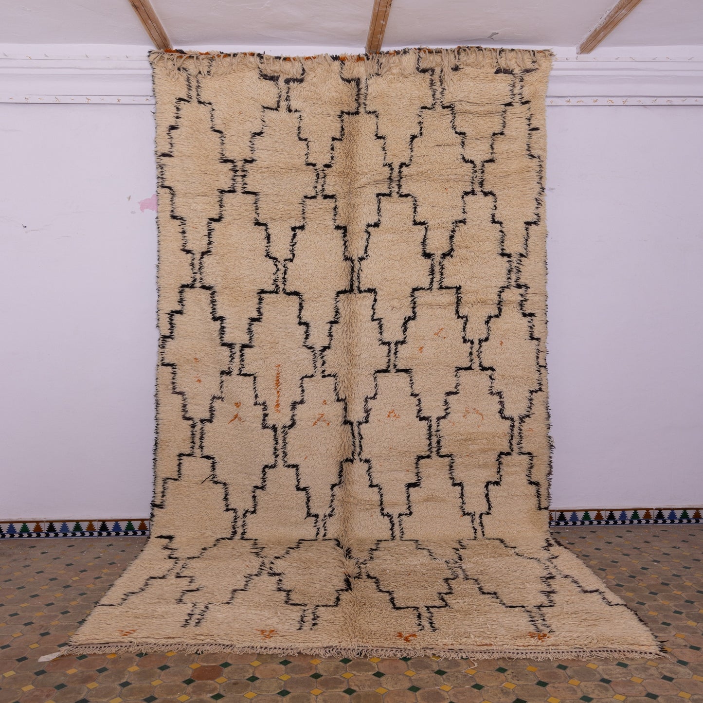 Authentic Handwoven Moroccan Beni Ourain Rug – Geometric Berber Wool Carpet ;  15,09 ft / 6,56 ft