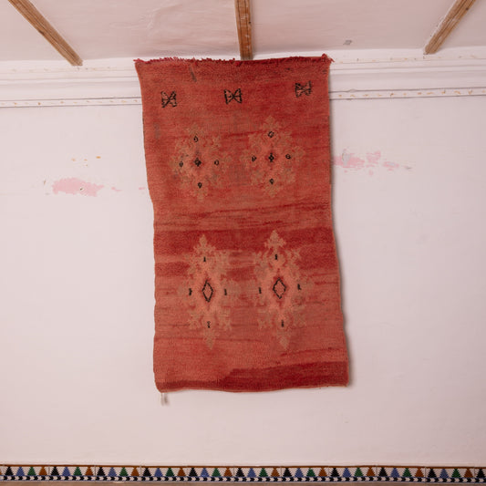 Vintage Moroccan Corridor Runner Rug - Handwoven Wool Carpet - Soft Red Geometric Design
