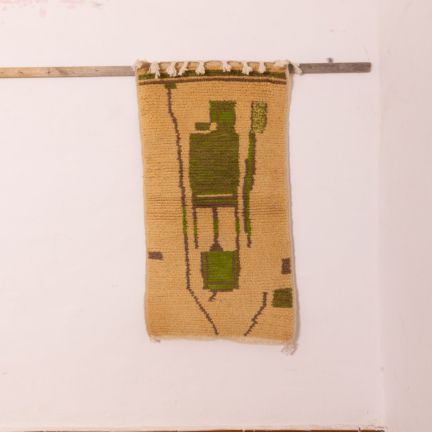 Handwoven Moroccan Wool Runner Rug - Abstract Geometric Design - Yellow & Green - 80% Wool 20% Cotton - Vintage