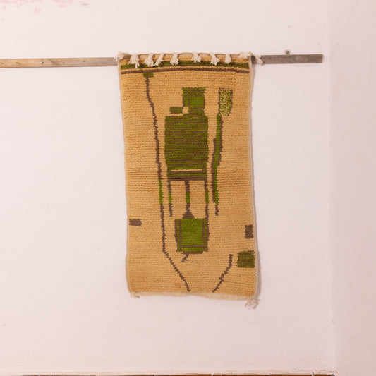 Handwoven Moroccan Wool Runner Rug - Abstract Geometric Design - Yellow & Green - 80% Wool 20% Cotton - Vintage