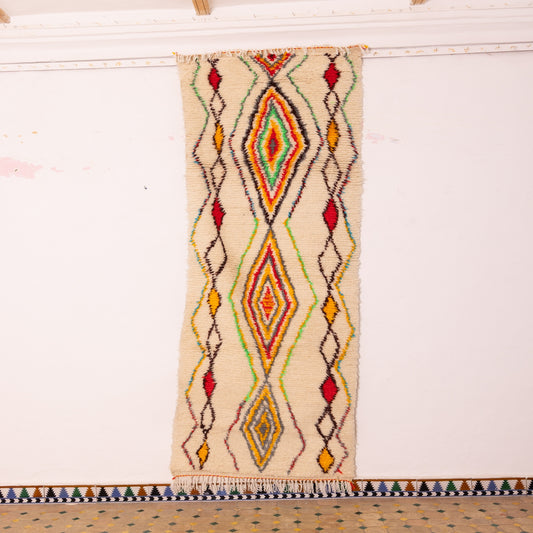 Handwoven Moroccan Wool Runner Rug - Geometric Diamond Pattern - Vibrant Red, Yellow, Green, and Orange - 80% Wool 20% Cotton