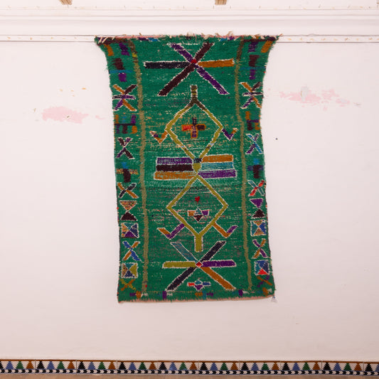 Vintage Moroccan Corridor Rug - Handwoven Green Wool Runner with Tribal Symbols - Berber Long Hallway Carpet
