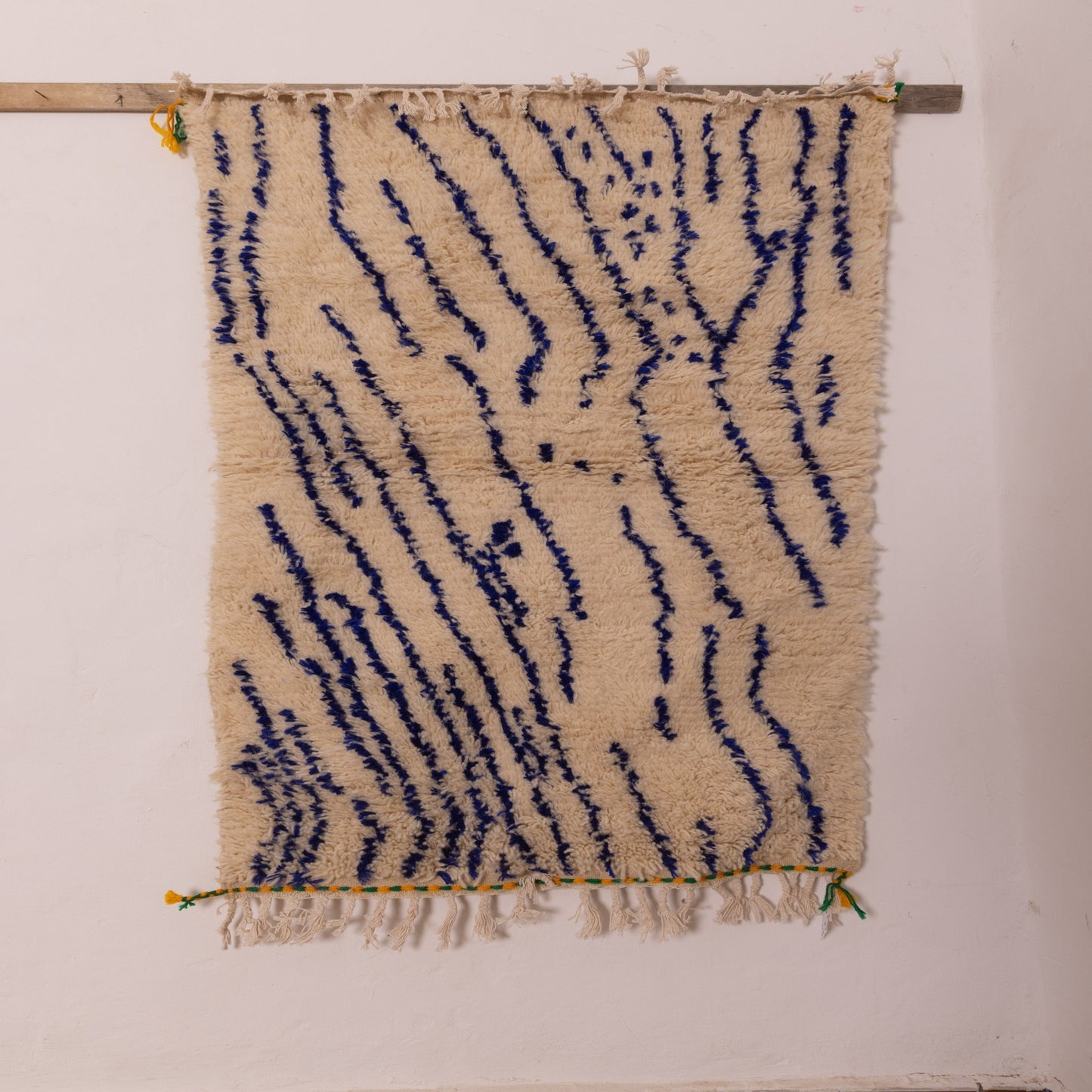 New Handmade Azilal Rug - Abstract Blue Berber Design on Cream - Modern Moroccan Tribal Decor for Wall or Floor
