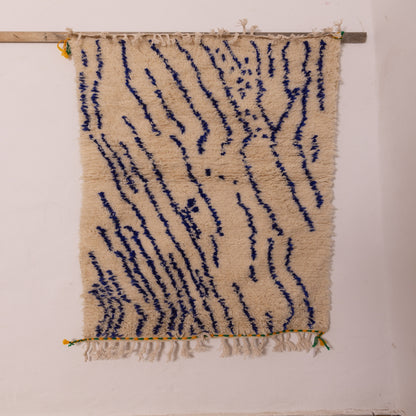 New Handmade Azilal Rug - Abstract Blue Berber Design on Cream - Modern Moroccan Tribal Decor for Wall or Floor