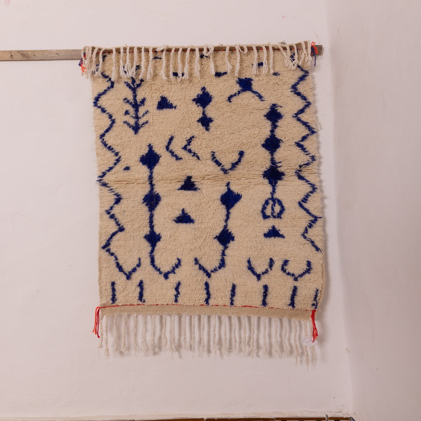 Blue Patterned Moroccan Azilal Rug - Handwoven Wool & Cotton Berber Wall Decor - Small Tribal Carpet