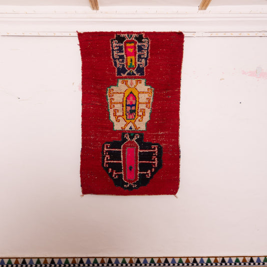 Vintage Moroccan Corridor Rug - Handwoven Red Wool Runner with Tribal Totem Motifs - Berber Hallway Carpet